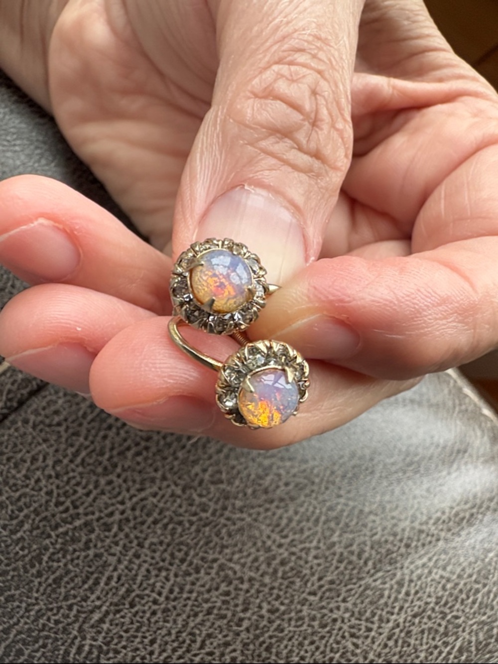 Vintage Vargas Gold Pink Opal Halo Drop Earrings - Iridescent Dragon Fire Stone - Picture 4 of 11